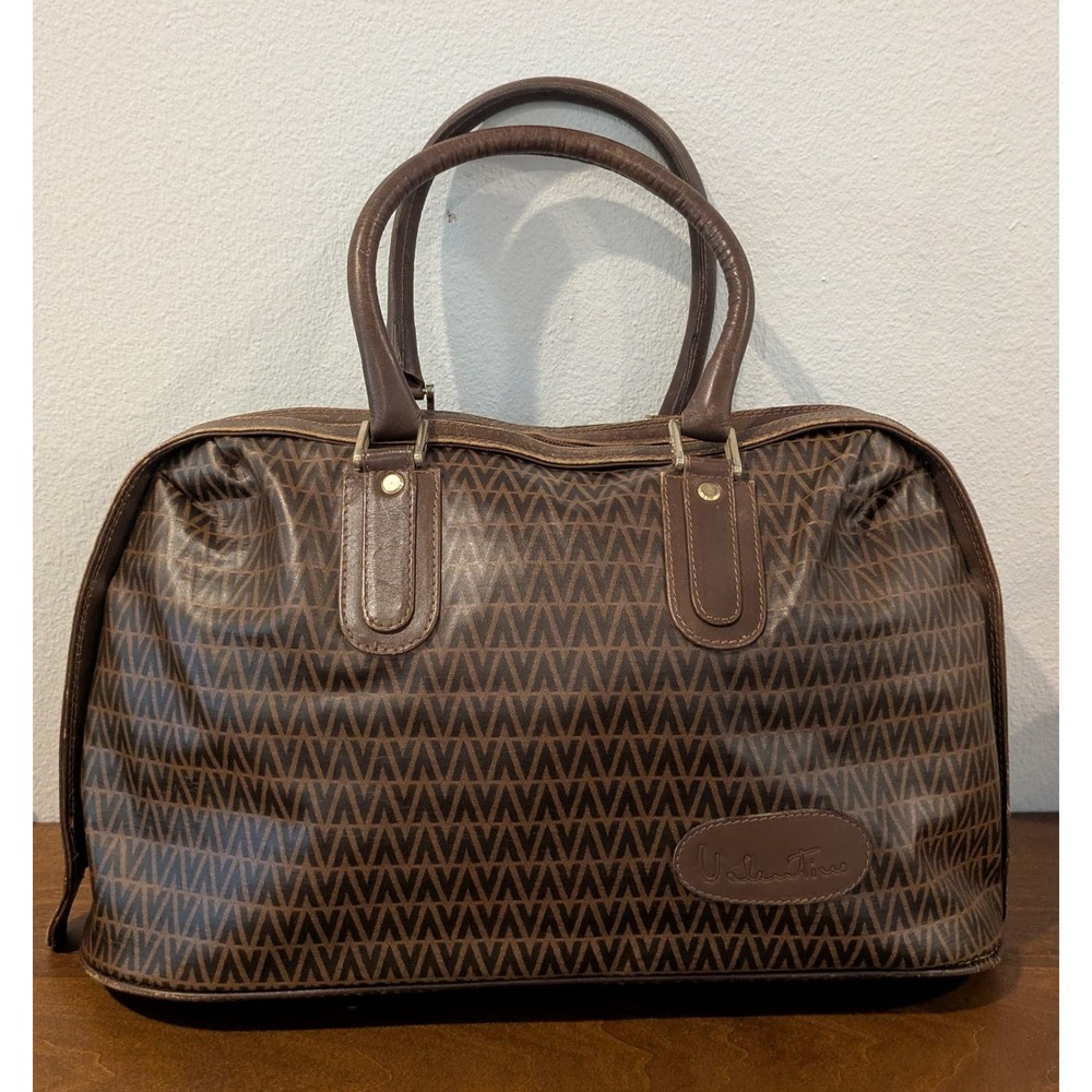 Mario Valentino Monogram Boston Bag Brown PVC Leather Satchel Made in Italy